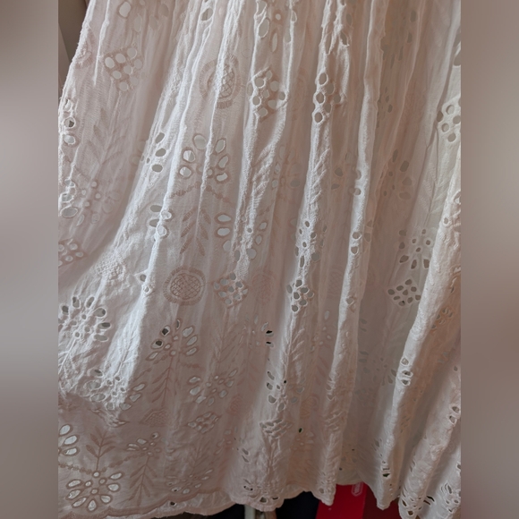 White Eyelet Dress Short Sleeve V-Neck Tea Length Sz Small Bohemian Cottagecore - Picture 5 of 13
